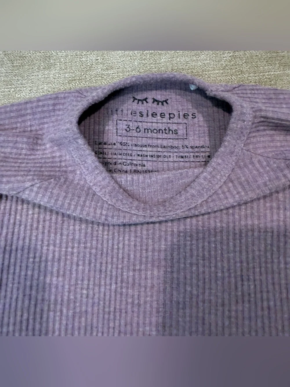 Little Sleepies Heather Smokey Lavender Ribbed Crescent Zippy 3-6 Months